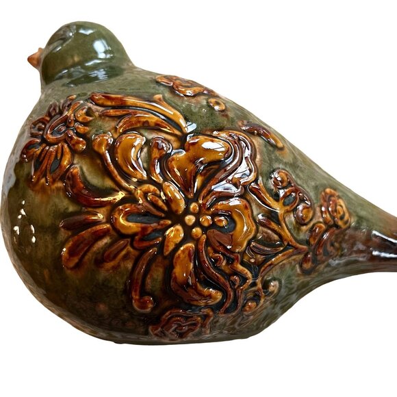 Handcrafted Ceramic Bird Sculpture With Intricate Floral Patterns - Earth Tones - Picture 1 of 12